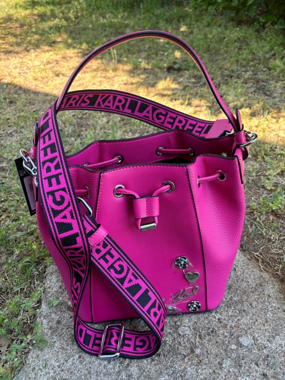 Karl Lagerfeld Hot Pink Pebbled Leather Bucket Bag with Branded Strap